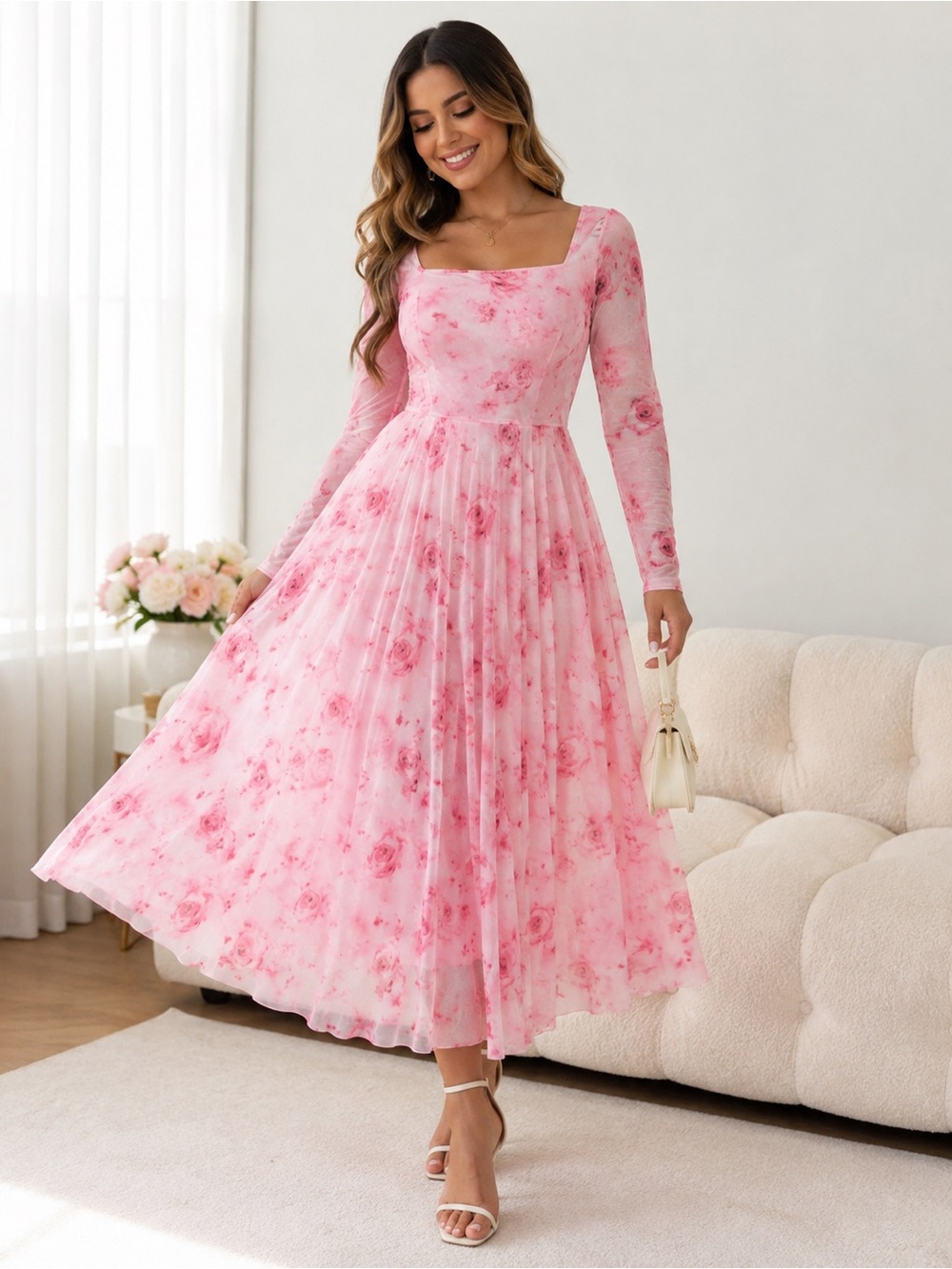 Blush Pink Floral Long-Sleeve Midi Dress with Square Neck Size L